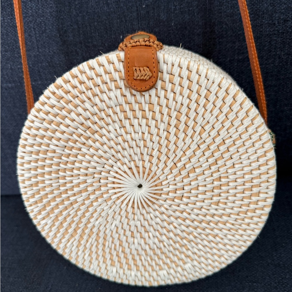 Round Woven Crossbody Bag - Cream and Tan - Picture 3 of 8